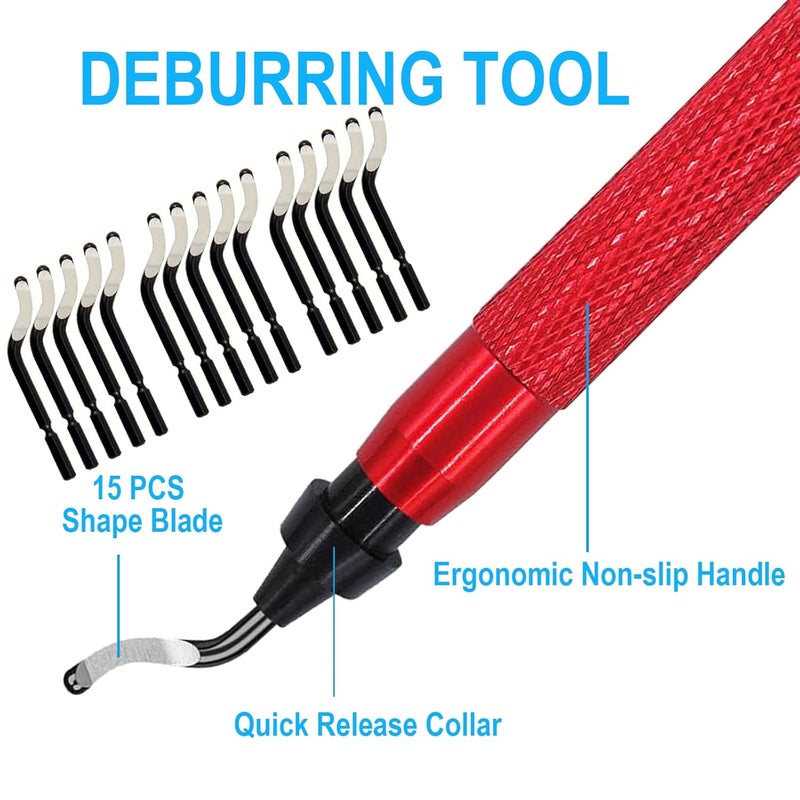Coeweule Premium Deburring Tool with 15 Pcs High Speed Steel Swivel Blades, Deburring Tool for Metal, Resin, PVC Pipes, Plastic, Aluminum, Copper, Wood, 3D Printing Burr Removal Reamer Tool Red - Image 2